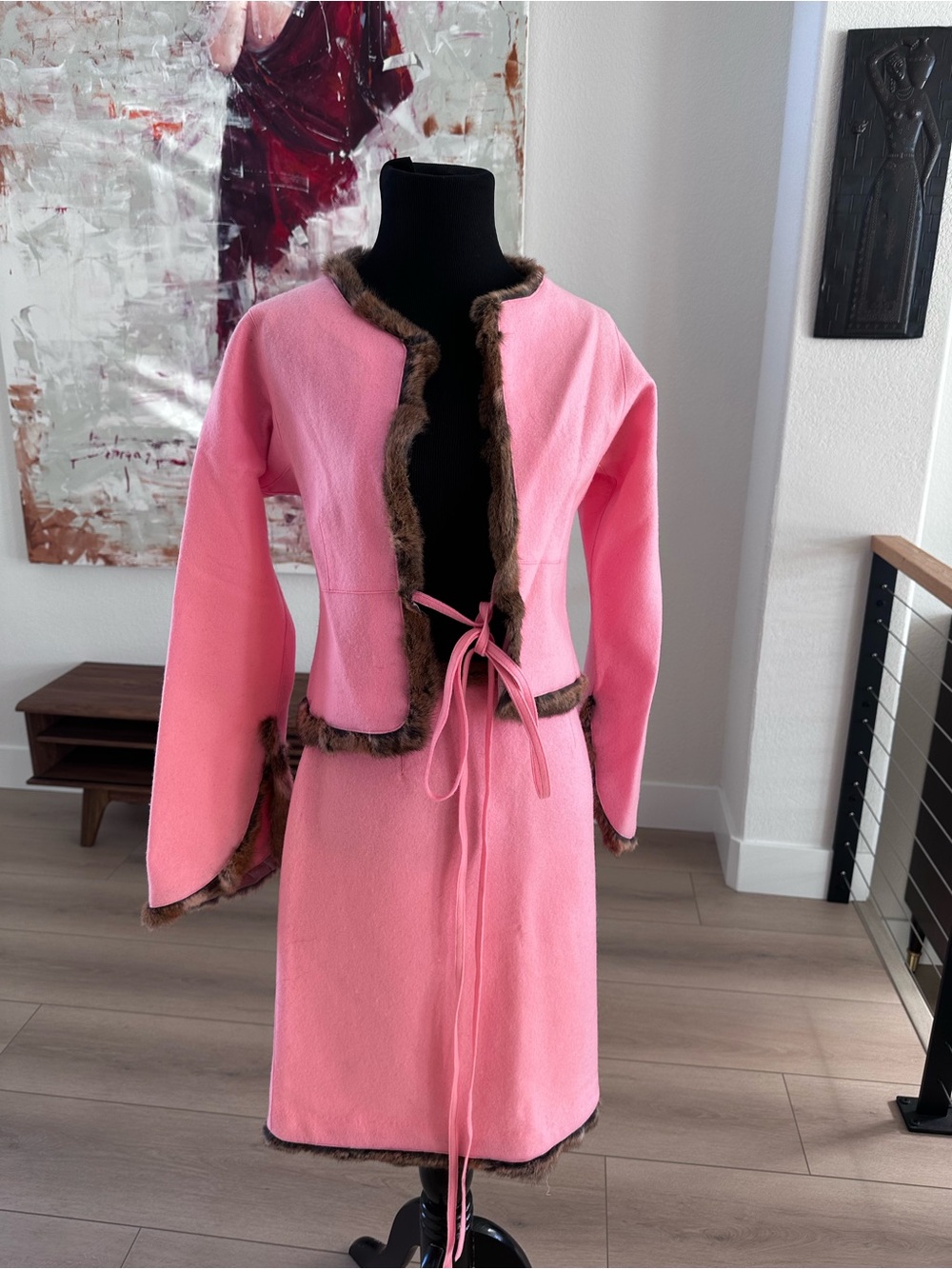 Fendi  Vintage Pink Fur Trim Robe Jacket and Skirt